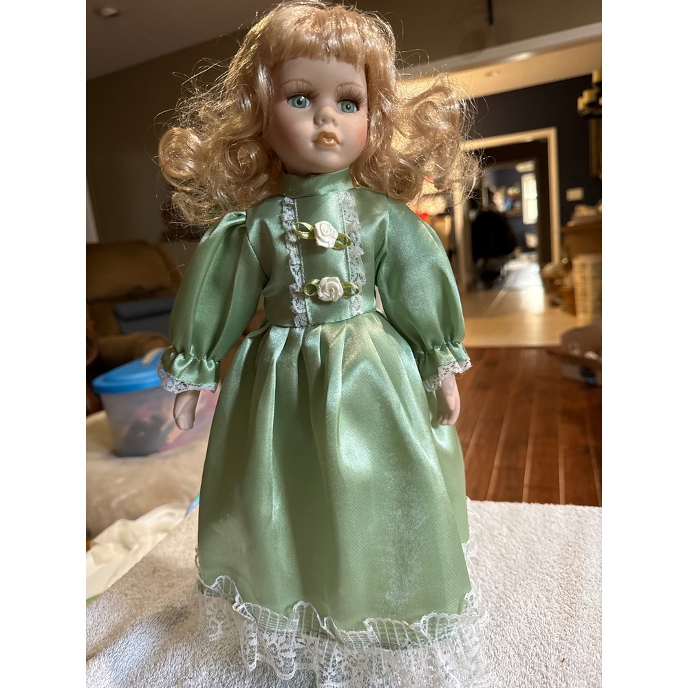 Vintage Porcelain Doll Green Satin Lace Dress Blonde Hair Green Eyes 15 Inch
